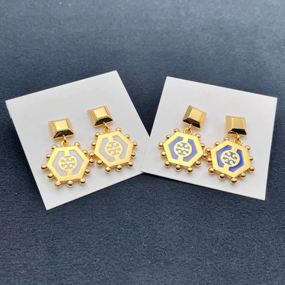 Tory Burch Gold Plated Copper Geometric Hexagon Enamel Earrings